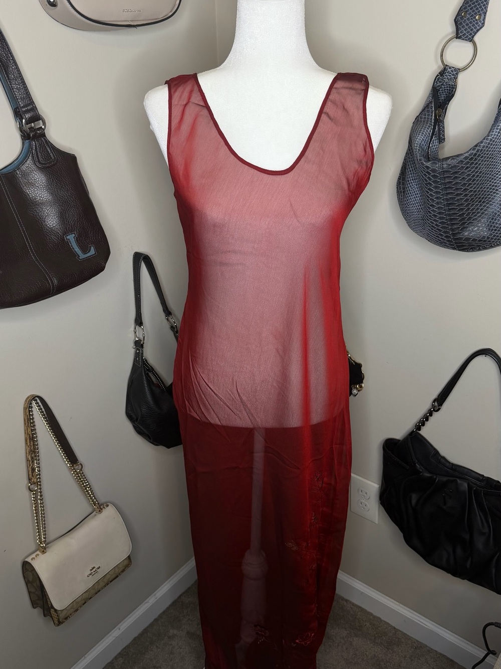 Hype VTG Whimsigoth Burgundy Sheer Maxi Slip Dress w Floral Embroidery - Size L